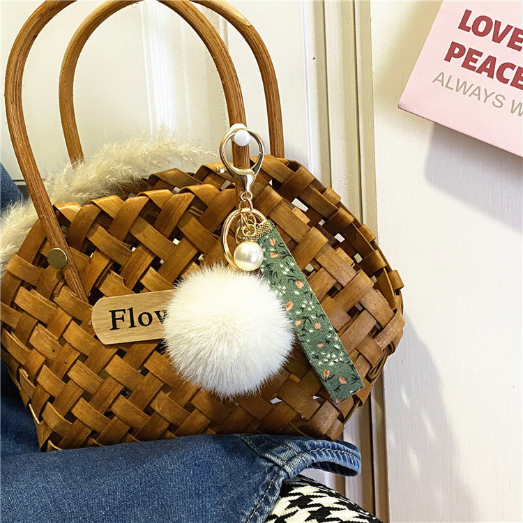 Creative Floral Ribbon Key Chain Cute Plush Bag Pendant Small Fresh Pearl Car Key Chain Accessories Pendant