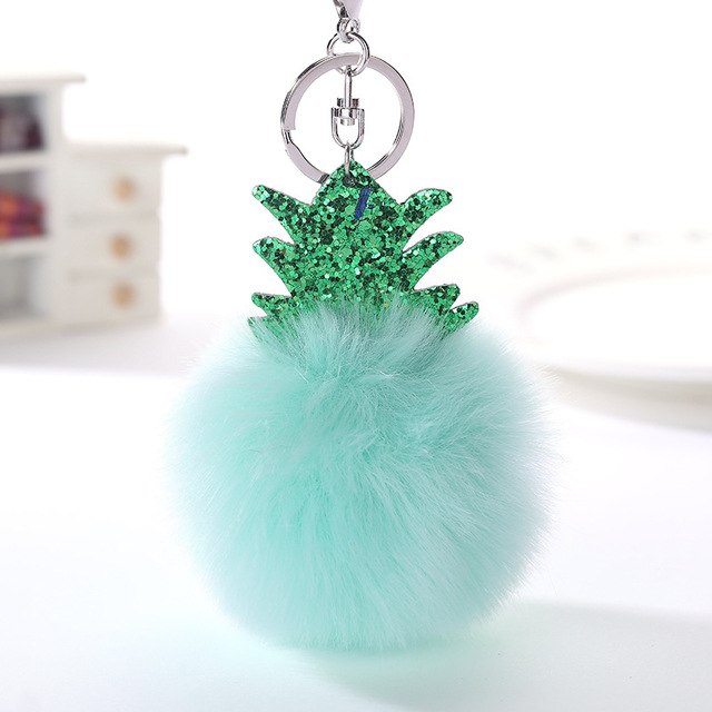Fluffy Faux Fur Ball Pompom Keychain Women Bag Charms Christmas Tree Pineapple Key Ring Trinket Car Keyring Chains 2C0322