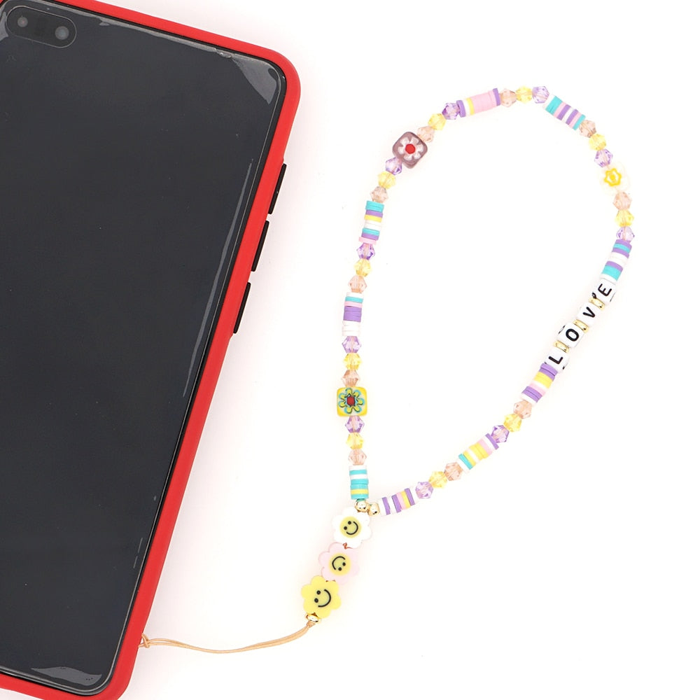 Go2Boho Mobile Phone Lanyard Heishi Disc Beads Crystal Bead Chain For Phone Smile Chains LOVE Letter String Wristband