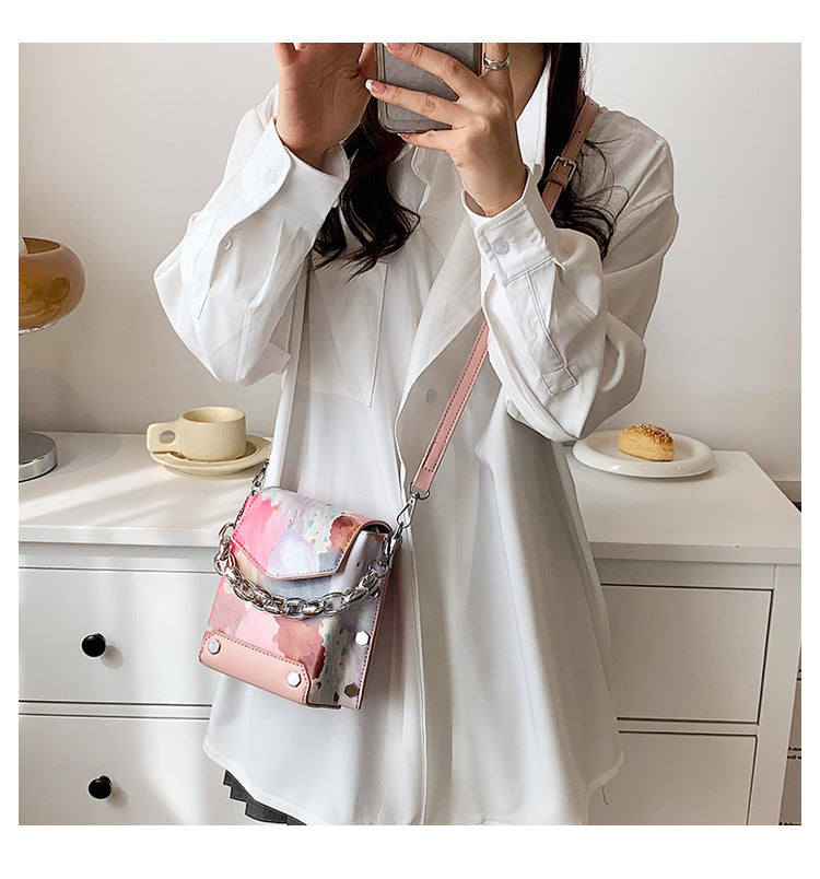 Retro Trend Shoulder Bag New Fashion Graffiti Bag Simple Chain Bag Women's Pu Messenger Bag