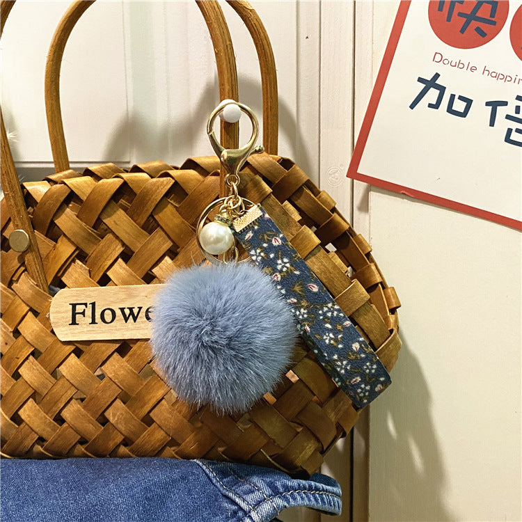 Creative Floral Ribbon Key Chain Cute Plush Bag Pendant Small Fresh Pearl Car Key Chain Accessories Pendant