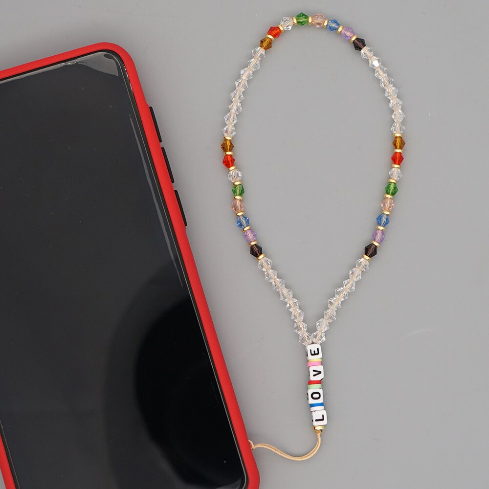 Go2Boho Mobile Phone Lanyard Heishi Disc Beads Crystal Bead Chain For Phone Smile Chains LOVE Letter String Wristband