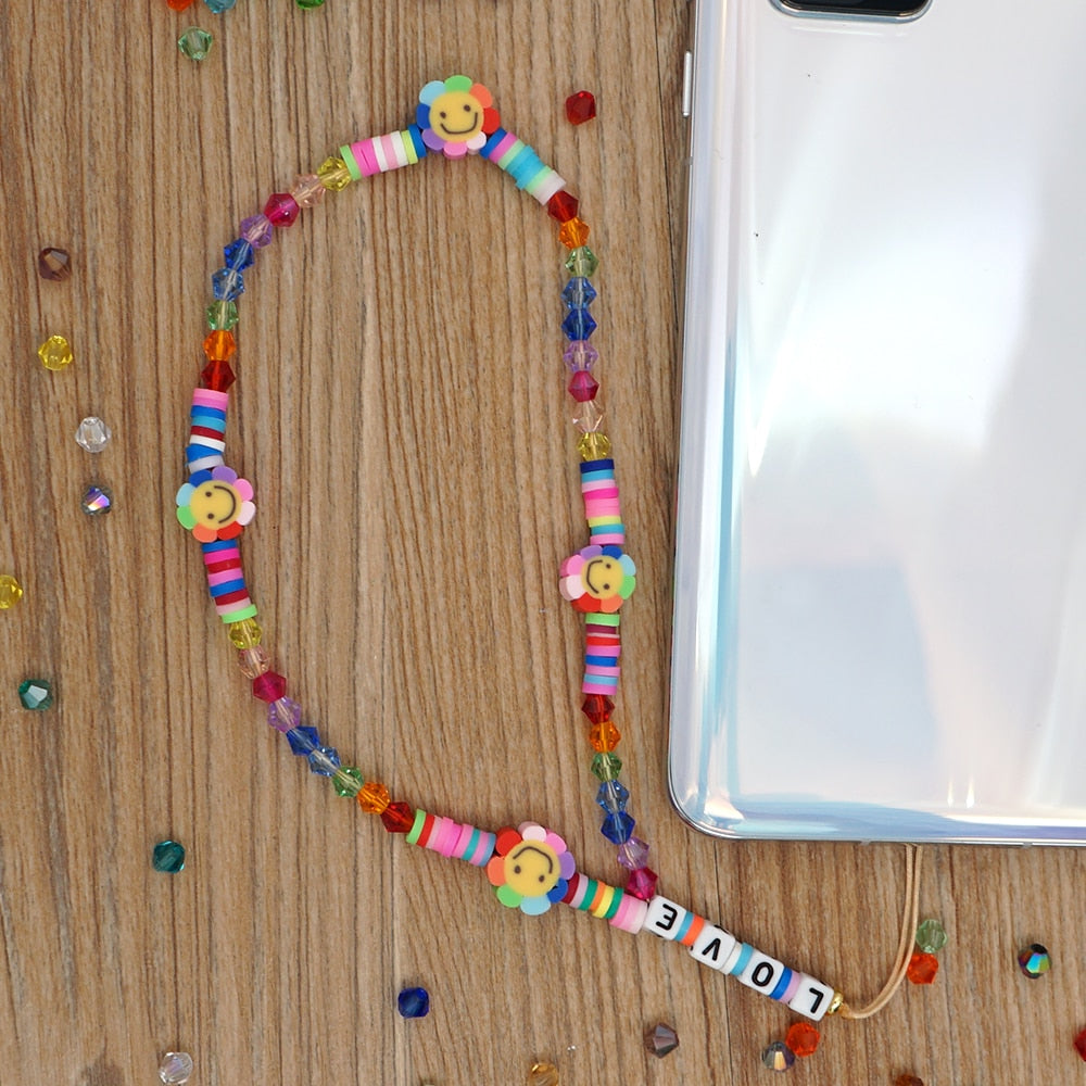 Go2Boho Mobile Phone Lanyard Heishi Disc Beads Crystal Bead Chain For Phone Smile Chains LOVE Letter String Wristband