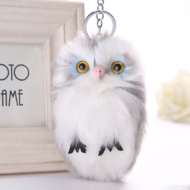 15CM Cute Fluffy Owl Keychain & Pendant Women Key Ring Holder Faux Bunny Rabbit Fur Pompoms Key Chains For Handbag 2C0268