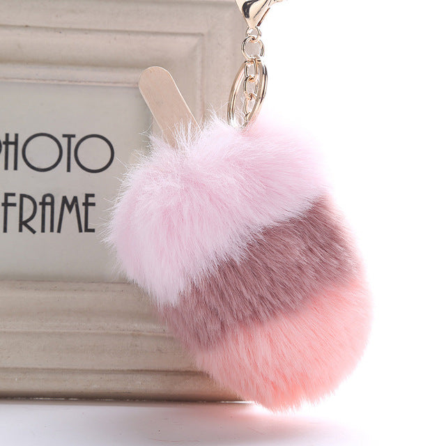 Fluffy Faux Fur Pom Pom Ice Cream Keychain Keyring Holder Cover Women Bag Charms Ornaments Pendant Jewelry Accessories