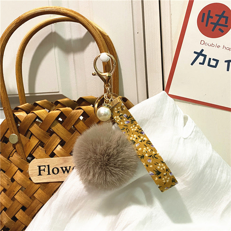 Creative Floral Ribbon Key Chain Cute Plush Bag Pendant Small Fresh Pearl Car Key Chain Accessories Pendant