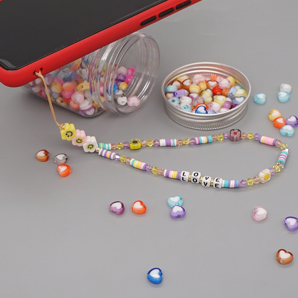 Go2Boho Mobile Phone Lanyard Heishi Disc Beads Crystal Bead Chain For Phone Smile Chains LOVE Letter String Wristband