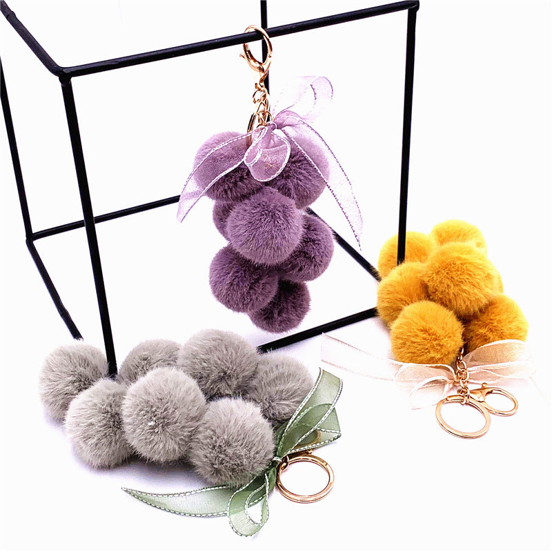 Creative Grape Fruit Key Chain Cute Bag Plush Pendant Lace Bow Hair Ball Car Key Chain Pendant