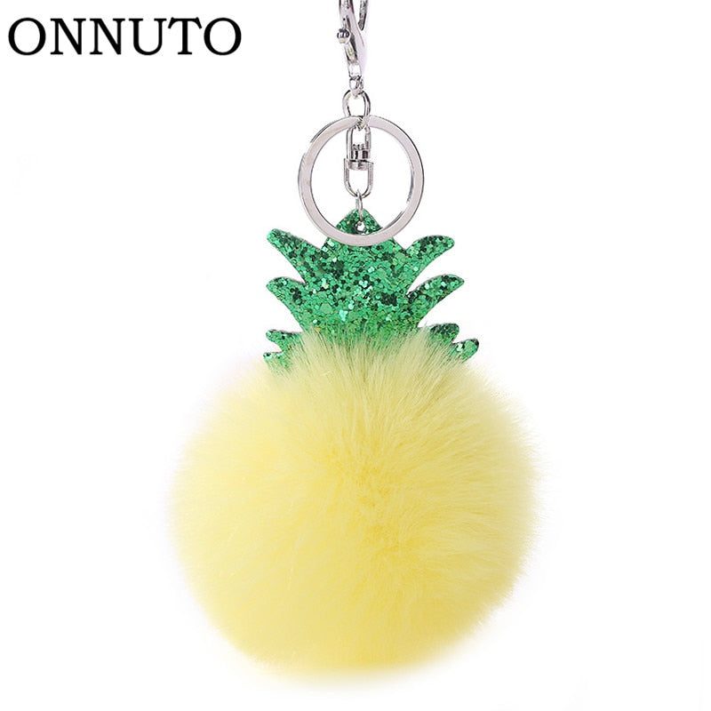 Fluffy Faux Fur Ball Pompom Keychain Women Bag Charms Christmas Tree Pineapple Key Ring Trinket Car Keyring Chains 2C0322