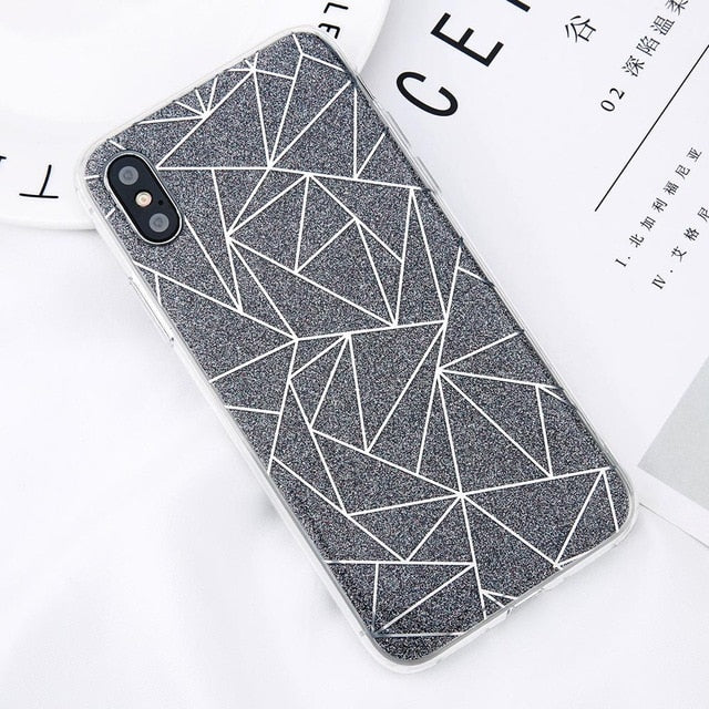 Glitter Bling Powder Phone Case For iPhone X Geometric Lines Hard PC Back Cover Cases For iPhone 8 7 6 6s Plus 5 5s SE