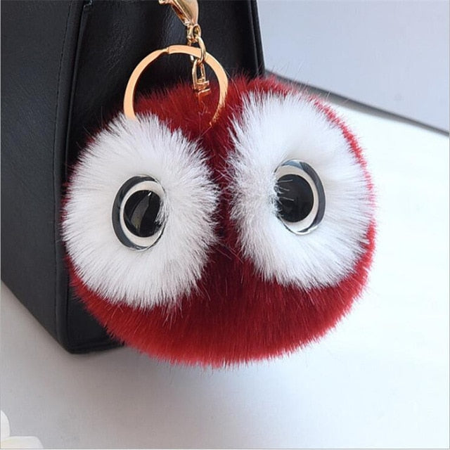 13CM Big Eyes Fluffy Rabbit Fur Ball Key Chain Cute Cartoon Panda Pompom Keychain Women Car Bag Keycover Owl Key Rings