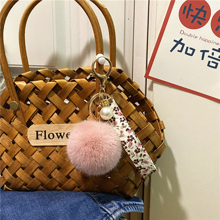 Creative Floral Ribbon Key Chain Cute Plush Bag Pendant Small Fresh Pearl Car Key Chain Accessories Pendant