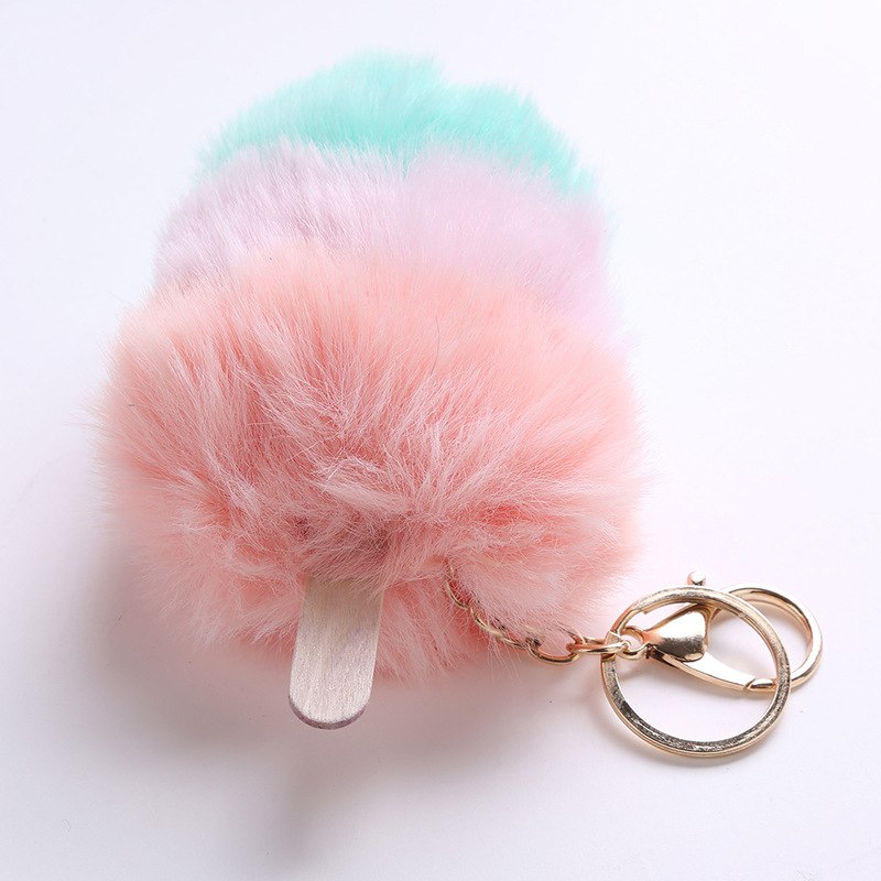 Fluffy Faux Fur Pom Pom Ice Cream Keychain Keyring Holder Cover Women Bag Charms Ornaments Pendant Jewelry Accessories