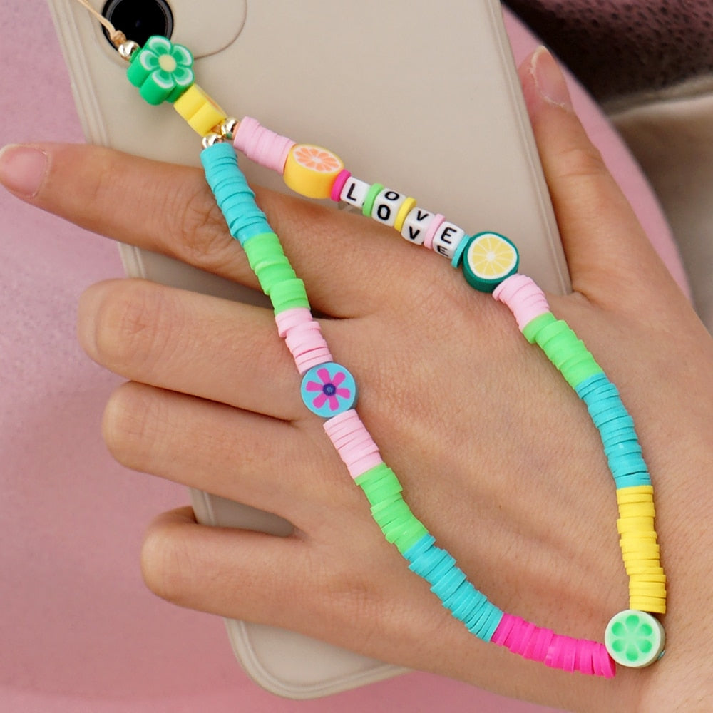 Go2Boho Mobile Phone Lanyard Heishi Disc Beads Crystal Bead Chain For Phone Smile Chains LOVE Letter String Wristband