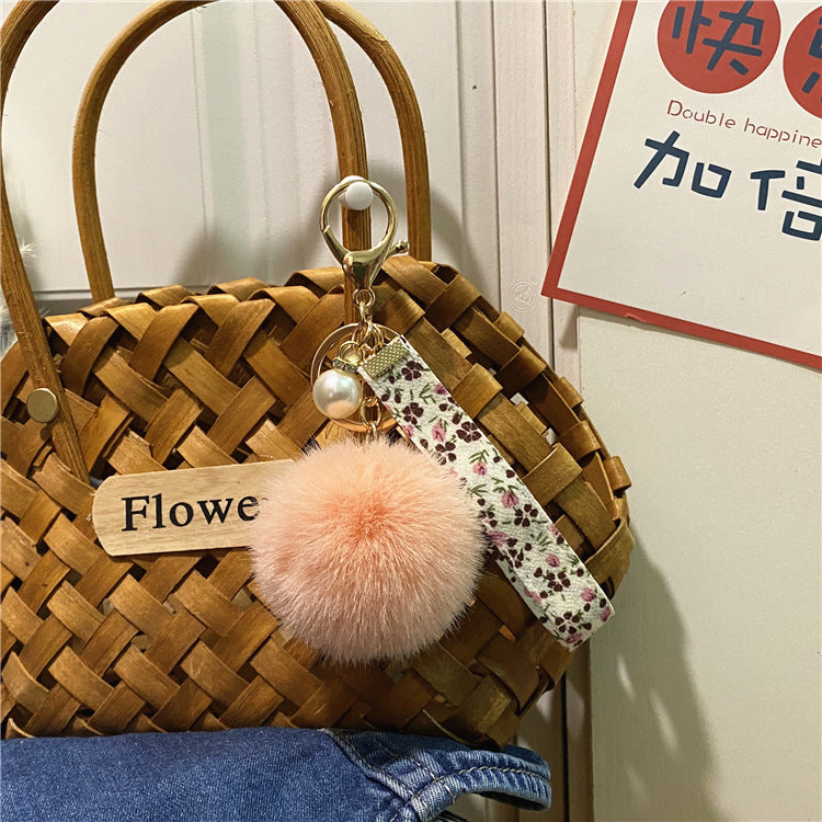 Creative Floral Ribbon Key Chain Cute Plush Bag Pendant Small Fresh Pearl Car Key Chain Accessories Pendant